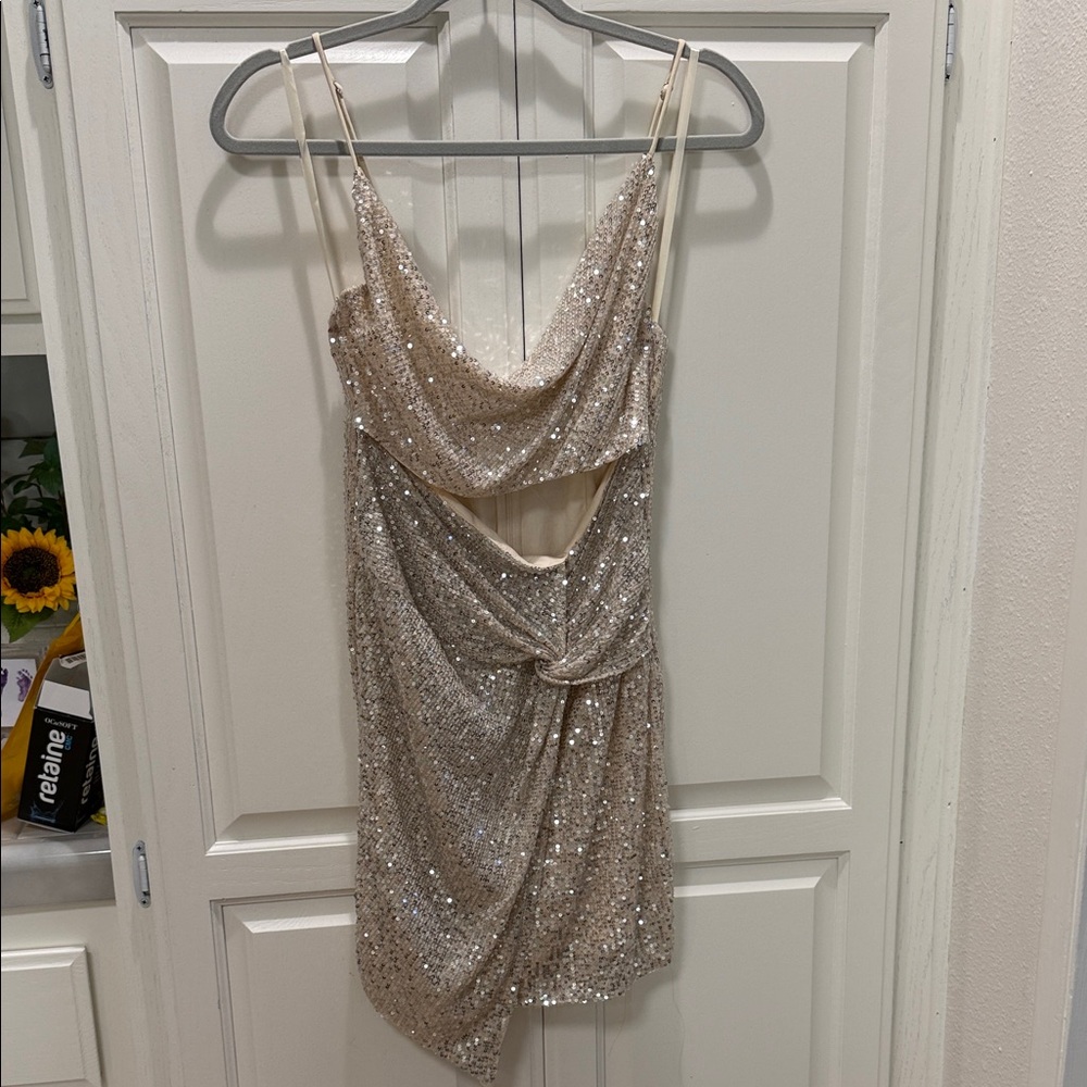 Selfie Leslie Champagne Sequin Cowl Mini Dress